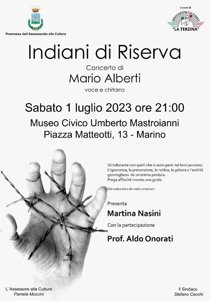 Locandina del concerto di Mario Alberti intitolato Indiani di Riserva 